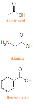 Carboxylic acids acetic acid, alanine and benzoic acid.png