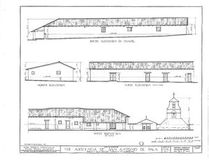 (PD) Drawing: Historic American Buildings Survey An elevation drawing of the San Antonio de Pala Asistencia as prepared by the Historical American Buildings Survey in 1937.