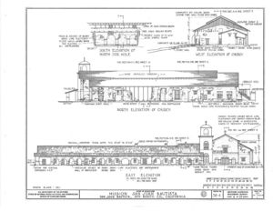 (PD) Drawing: U.S. Historic American Buildings Survey Elevations of of Mission San Juan Bautista as prepared by the Historic American Buildings Survey in 1937.