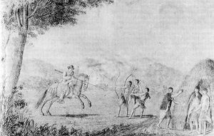 (PD) Drawing: Thomas de Suria Costanoans fight a Spanish soldier in 1791.