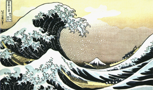 神奈川沖浪裏 Kanagawa Oki Nami Ura ('The Great Wave off Kanagawa', 1830s) by Hokusai (葛飾北斎 Katsushika Hokusai) is possibly the most famous Japanese woodblock print.