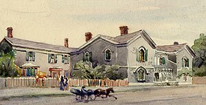 An 1924 painting of Berkeley House, based on an 1888 drawing, based in turn on a pencil sketch by Mrs C.C. Small made in 1831.jpg