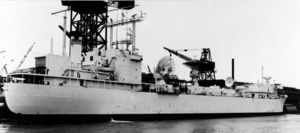 (PD) Photo: United States Navy USNS Mission De Pala (T-AO-114) in 1965, nearing completion at the Quincy, Massachusetts shipyard to Missile Range Instrumentation Ship USNS Johnstown (T-AGM-20).