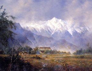 (PD) Painting: Edwin Deakin Mission San Gabriel Arcángel with snow-covered mountains in the background.
