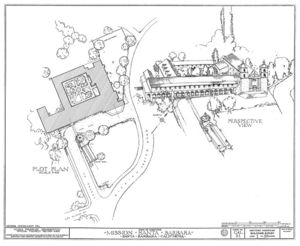 (PD) Drawing: U.S. Historic American Buildings Survey A perspective view of Mission Santa Barbara as prepared by the Historic American Buildings Survey in 1937.