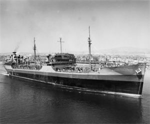 (PD) Photo: United States Navy USNS Mission San Carlos (T-AO-120) underway in the harbor at San Pedro California, date unknown.