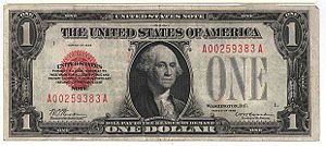 Picture of a one dollar bill with George Washington's picture on it circa 1928.