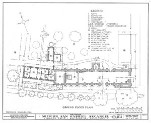 (PD) Drawing: U.S. Historic American Buildings Survey A floor plan drawing of Mission San Gabriel Arcángel as prepared by the Historic American Buildings Survey in 1937.