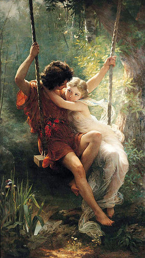 Two youths on a swing outdoors (painting).