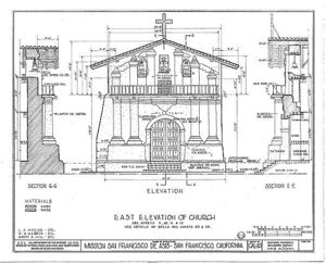 (PD) Drawing: U.S. Historic American Buildings Survey A drawing of the east elevation of the Mission San Francisco de Asís chapel as prepared by the Historic American Buildings Survey in 1937.
