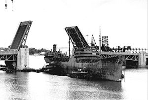 (PD) Photo: United States Air Force / Dan Kovalchik USNS Mission Fernando (T-AO-122) was the twelfth of twenty-seven Mission Buenaventura-class fleet oilers built during World War II for service in the United States Navy.[2] Seen here under tow entering the Quincy, Massachusetts shipyard for conversion to a "Missile Range Instrumentation Ship," she was the only U.S. Naval vessel to have borne the name.