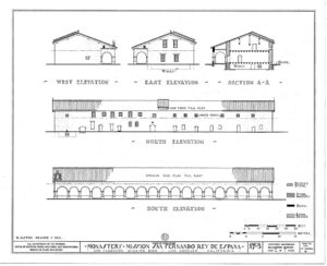 (PD) Drawing: U.S. Historic American Buildings Survey Elevation and section drawings of the convento at Mission San Fernando Rey de España as prepared by the Historic American Buildings Survey in 1937.