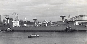 (PD) Photo: United States Navy USNS Mercury (T-AGM-21), formerly USNS Mission San Juan (T-AO-126), berthing at Sidney Harbour, Australia, in 1969. Mercury was part of the command and control network for the Apollo 9 and 10 missions while in Sydney.