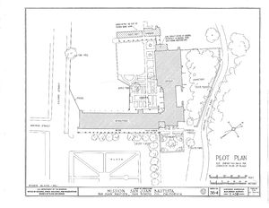 (PD) Drawing: Historic American Buildings Survey A plot plan drawing of the Mission San Juan Bautista complex as prepared by the Historic American Buildings Survey in 1937.