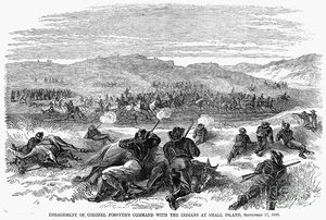The attack of fifty U.S. troops by several hundred Cheyenne, Sioux, and Arapaho warriors at the Battle of Beecher Island, in the dry bed of the Arikaree River in the Colorado Territory, 17 September 1868.jpg