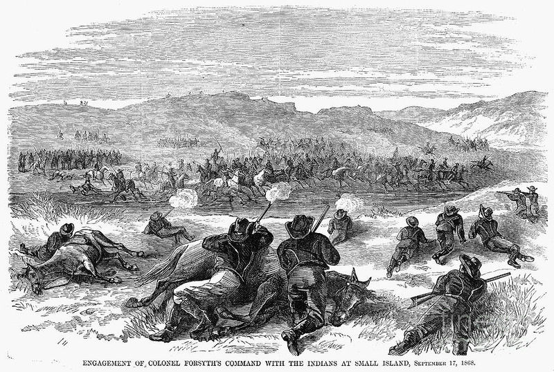 File:The attack of fifty U.S. troops by several hundred Cheyenne, Sioux, and Arapaho warriors at the Battle of Beecher Island, in the dry bed of the Arikaree River in the Colorado Territory, 17 September 1868.jpg