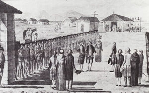 (PD) Drawing: José Cardero French Explorer Jean-Francois de la Perouse being received at Mission Carmel in 1786.