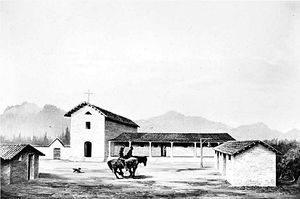 (PD) Painting: Oriana Day An artist's conception of Mission San Rafael Arcángel as viewed from the south in 1861.