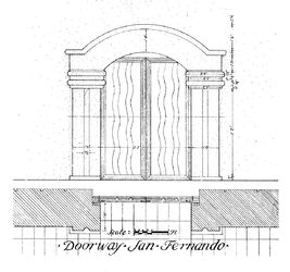 (PD) Drawing: Rexford Newcomb Architectural historian Rexford Newcomb sketched this pair of doors, which display the Spanish "River of Life" pattern, at Mission San Fernando Rey de España in 1916.[1]