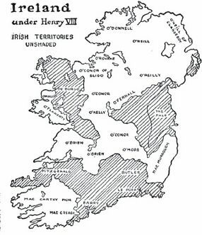 Ireland under English King Henry VIII, 1540; map by Harald Toksvig.