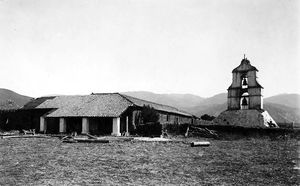 (PD) Photo: Charles C. Pierce The San Antonio de Pala Asistencia (or "Pala Mission" as it is known today) circa 1900. The bell structure is loosely styled after a similar one at the Mission of Nuestra Señora de Guadalupe located in Juárez, Mexico.[1]