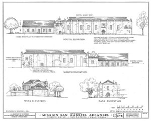 (PD) Drawing: U.S. Historic American Buildings Survey Elevation drawings of the chapel and convento at Mission San Gabriel Arcángel as prepared by the Historic American Buildings Survey in 1937.