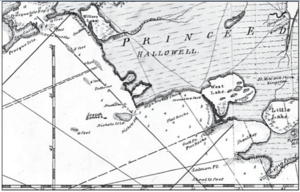 Western shore of Prince Edward County, Ontario, showing Nicholson and Scotch Bonnet islands, c 1836.png