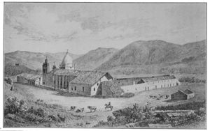 (PD) Painting: Cyrille Pierre Théodore Laplace A rear view of the compound at Mission San Carlos Borromeo de Carmelo in 1839.