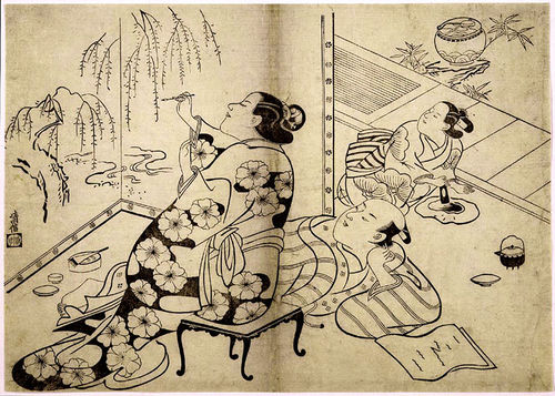 'Courtesan painting a screen'; woodblock print by Kiyonobu Torii ((鳥居清信 Torii Kiyonobu), 18th century.
