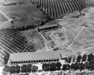 (PD) Photo: Los Angeles Department of Water and Power A circa 1920 aerial view of the Mission San Fernando Rey complex including the original chapel structure (middle) as well as the convento building (bottom), and the surrounding lands.