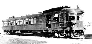 (PD) Photo: Unknown SD&A gasoline-electric motor car No. 41, one of three similar self-propelled units used on commuter runs to La Mesa and Lakeside until they were retired in 1934.