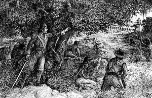 (PD) Drawing: Alexander Harmer The battle at Mission Santa Barbara in 1824.