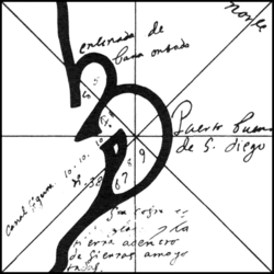 (PD) Drawing: Sebastián Vizcaíno Expedition A map showing San Diego Bay, made in Spain in 1603 from charts drawn by Vizcaíno's cartographer.