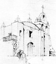 (PD) Drawing: Rexford Newcomb Artist Rexford Newcomb's rendition of Mission San Gabriel Arcángel's original campanile, or bell tower. The details are similar to those of the chapel at Mission Santa Inés.[1]