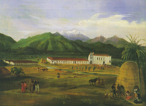(PD) Painting: Ferdinand Deppe Mission San Gabriel Arcángel in 1832. In the foreground Native Americans (who frequently camped near trading centers such as military forts and missions) live in brush huts, with the Mission in the middle ground, and the San Gabriel Mountains as a backdrop. The work is believed to be the earliest known oil landscape of Southern California.