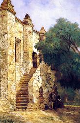 (PD) Painting: Edwin Deakin An open stairway leads to the choir loft at Mission San Gabriel Arcángel, 1897.
