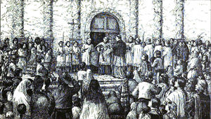 (PD) Drawing: Alexander Harmer The reception of Bishop Diego y Moreno at Mission Santa Barbara in 1840.