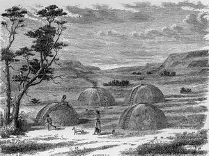 (PD) Engraving: Stephen Powers Patwin earth lodges.