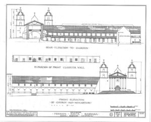 (PD) Drawing: U.S. Historic American Buildings Survey Elevation drawings of Mission Santa Barbara as prepared by the Historic American Buildings Survey in 1937.
