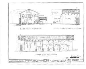 (PD) Drawing: Historic American Buildings Survey Exterior elevations of the chapel at Mission San Fernando Rey de España as prepared by the Historic American Buildings Survey in 1937.