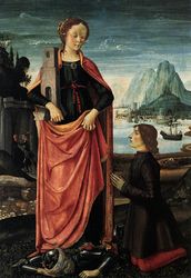 (PD) Painting: Domenico Ghirlandaio Saint Barbara, patron of prisoners, architects, artillerymen, and mathematicians, crushing her infidel father.