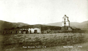 (PD) Photo: J.C. Parker The San Antonio de Pala Asistencia (or "Pala Mission" as it is known today) circa 1875. Pala is architecturally unique among all of the Franciscan missions in that it boasts the only completely freestanding campanile, or "bell tower," in all of Alta California. It is also the only outpost that has ministered without interruption to the Mission Indians for whom it was originally built since its inception, and is the only "sub-mission" still intact.[155]